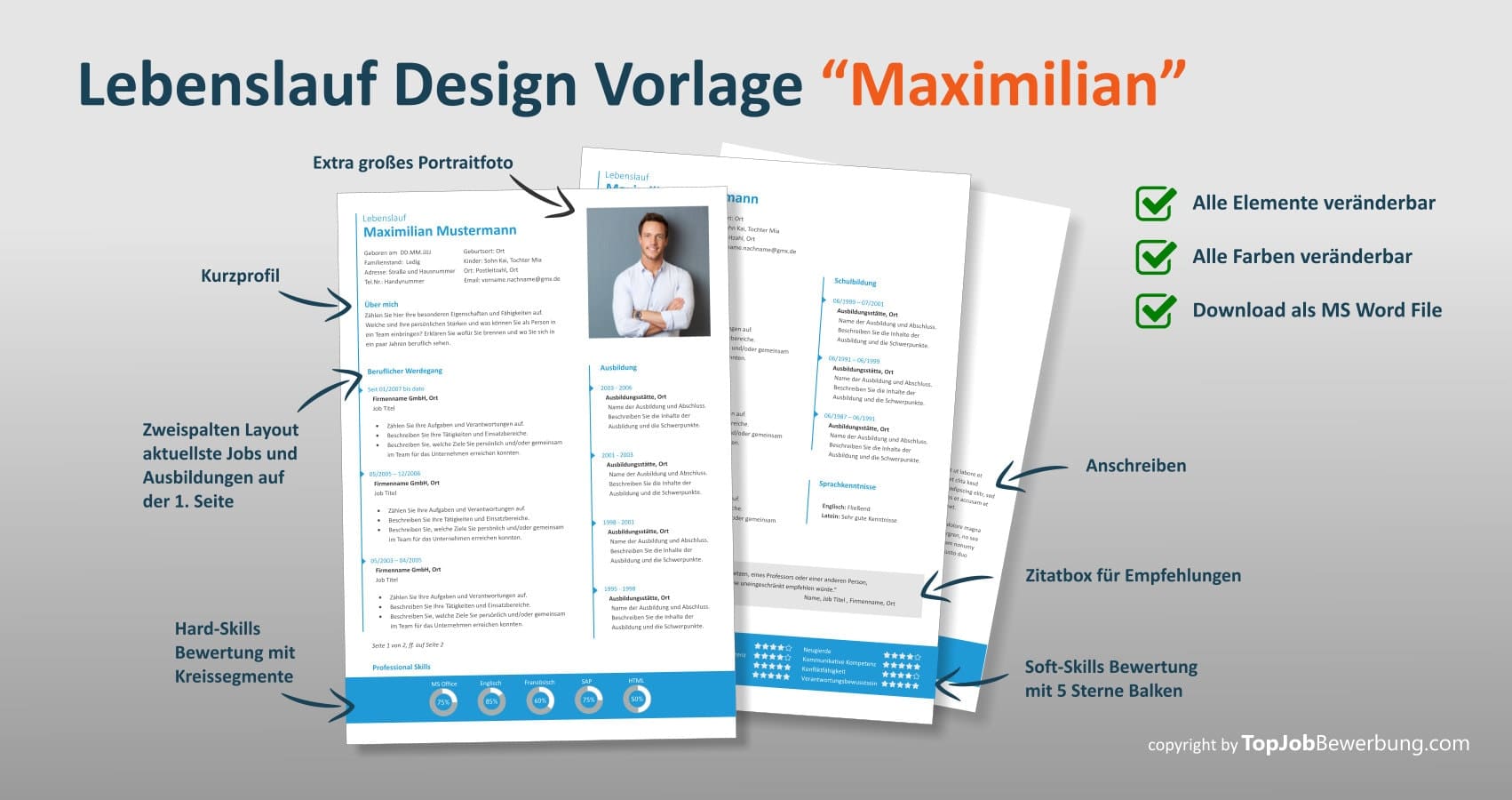 Lebenslauf Design Vorlage "Maximilian" mit Anschreiben und Design Elemente