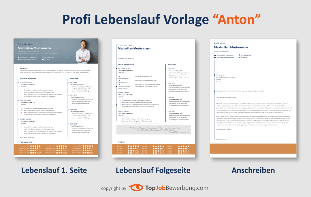 Lebenslauf Vorlage "Anton" mit Lebenslauf Folgeseite und Anschreiben Layout