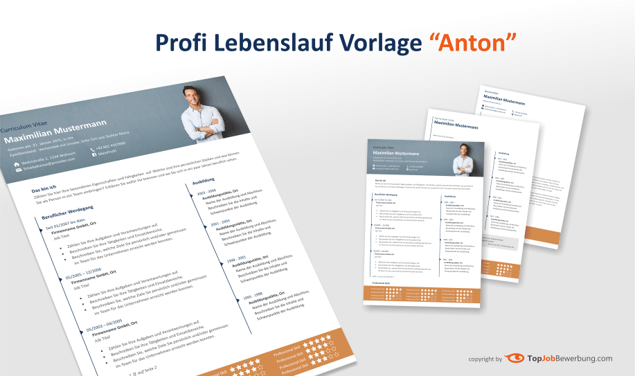 Ansicht der Lebenslauf Vorlage "Anton" mit Folgeseite und Anschreiben