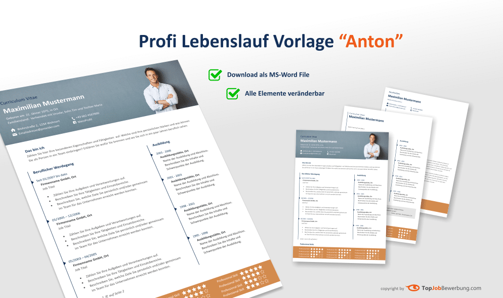 Ansicht Lebenslauf Vorlage "Anton" für MS-Word inklusive Folgeseite und Anschreiben